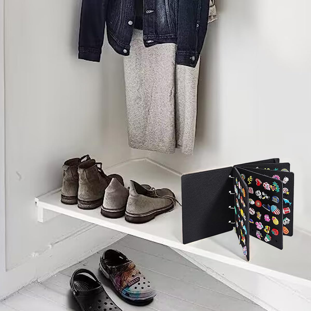 MAYCREATE Felt Organizer Album 120Pcs Shoe Charms Organizer Croc Shoe Charms Collection Album with Elastic Strap Closure Brooch Pin Organizer Binder, 26x21.3cm, Black MAYCREATE Felt Organizer Album 120Pcs Shoe Charms Organizer Croc Shoe Charms Collection Album with Elastic Strap Closure Brooch Pin Organizer Binder, 26x21.3cm, Black